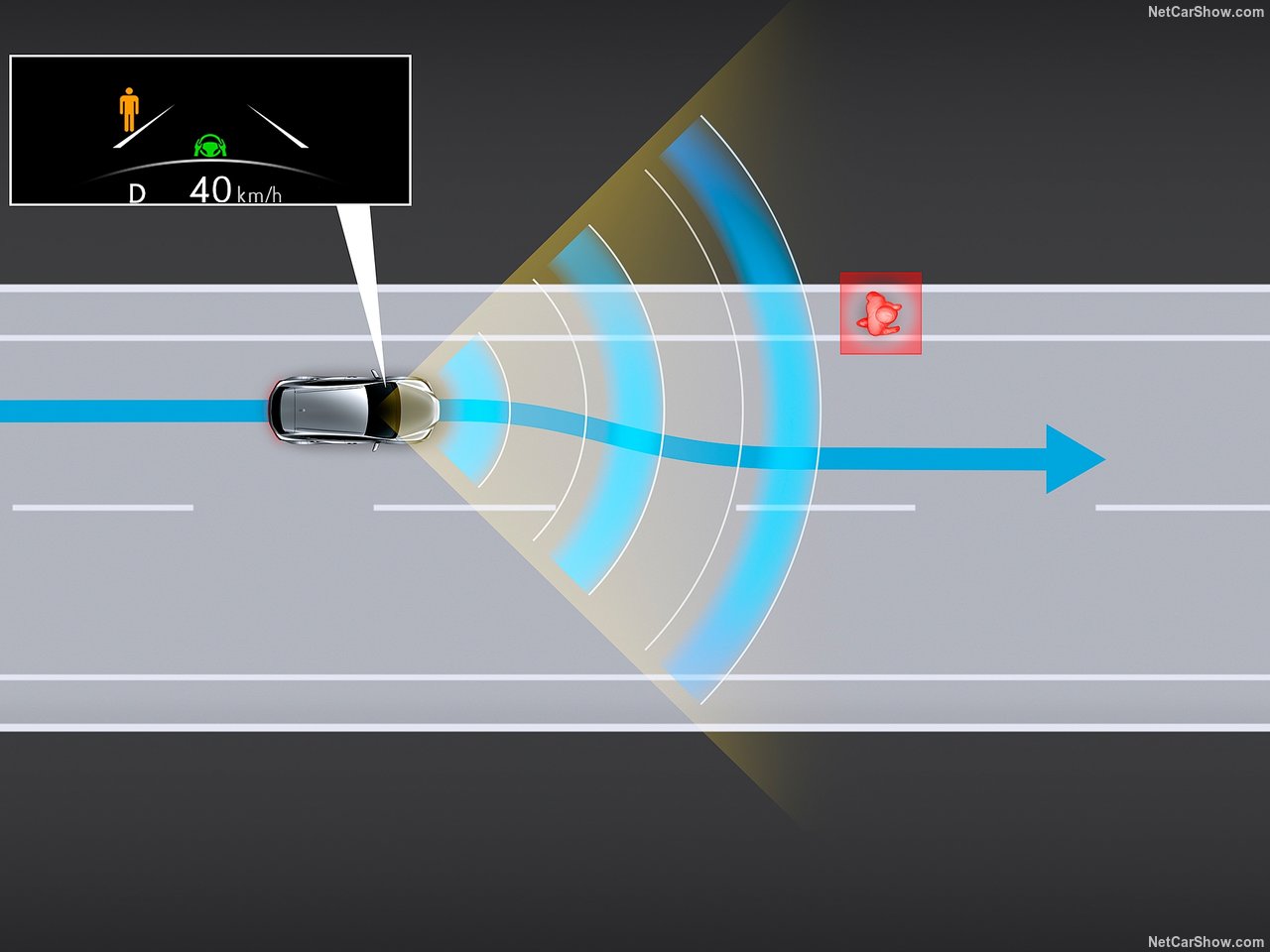 Lexus RX 350h w trakcie jazdy z systemem wykrywania przeszkód na drodze.