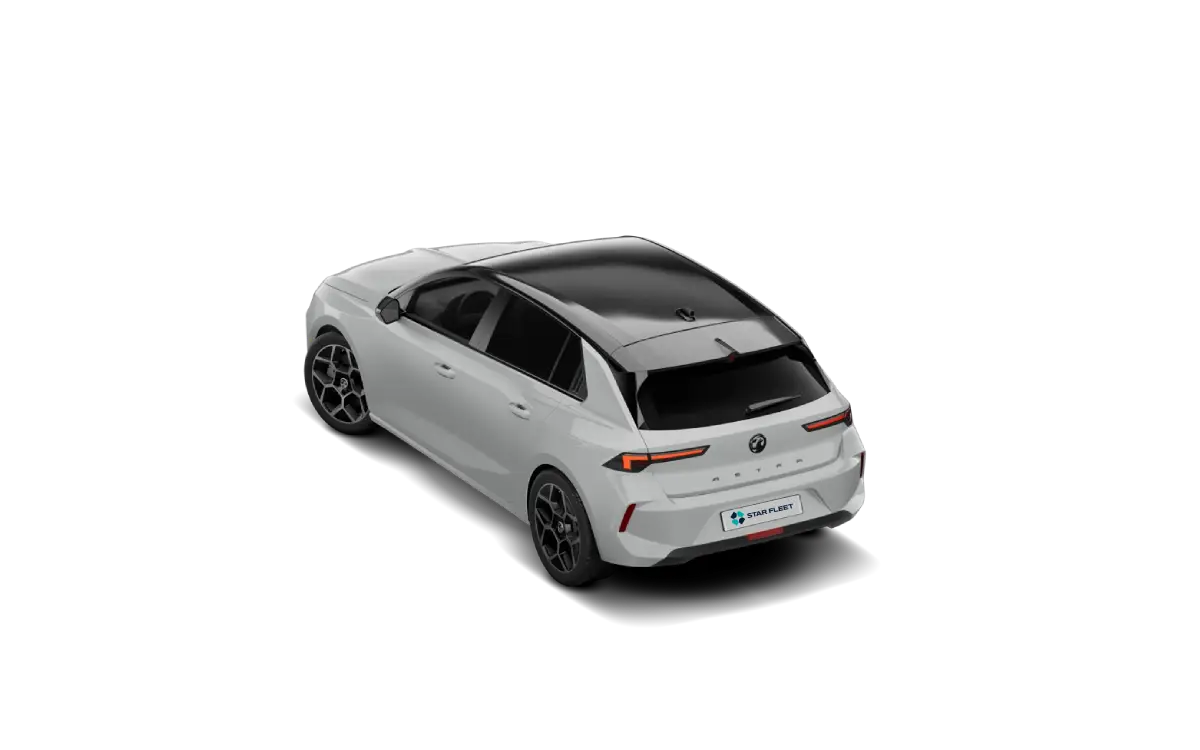 OPEL Astra - 2 Opel Astra 1.2 Turbo GS widziany z tyłu, biały kolor, czarny dach, stylowe felgi.