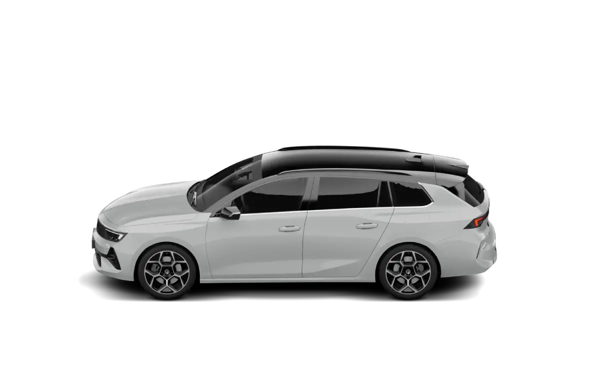 OPEL Astra kombi - 3 Opel Astra 1.2 Turbo GS kombi w kolorze białym, widok z boku.